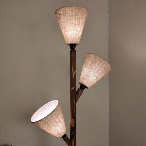 Jasper Wooden Floor Lamp with Brown Base and Beige Fabric Lampshade