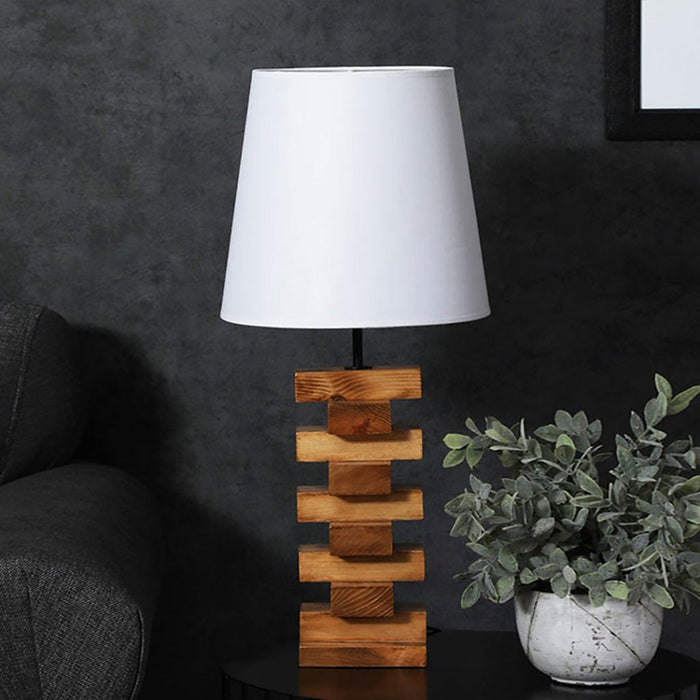 Cedar Brown Wooden Table Lamp with White Fabric Lampshade