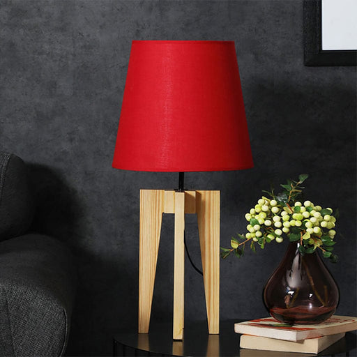 Stella Beige Wooden Table Lamp with Red Printed Fabric Lampshade