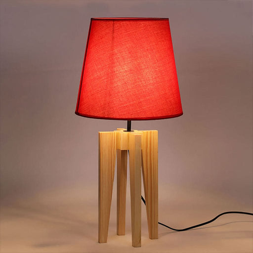 Stella Beige Wooden Table Lamp with Red Printed Fabric Lampshade