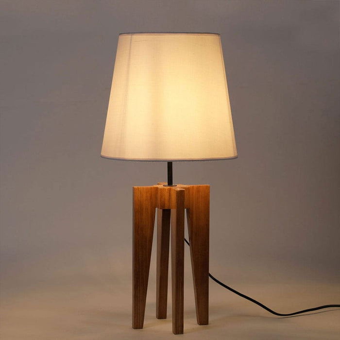 Jet Brown Wooden Table Lamp with White Fabric Lampshade