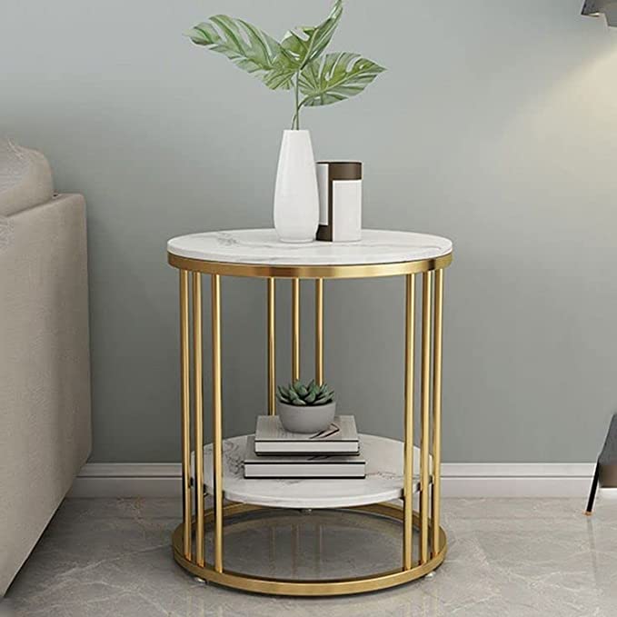 Round Coffee and Side Accent End Table for Living Room with Metal & Engineered Wood Tabletop and Metal Frame Gold Powder Coated-White-Gold