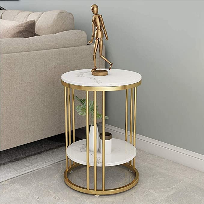 Round Coffee and Side Accent End Table for Living Room with Metal & Engineered Wood Tabletop and Metal Frame Gold Powder Coated-White-Gold