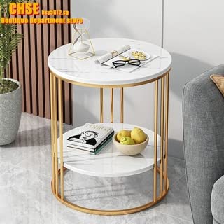 Round Coffee and Side Accent End Table for Living Room with Metal & Engineered Wood Tabletop and Metal Frame Gold Powder Coated-White-Gold