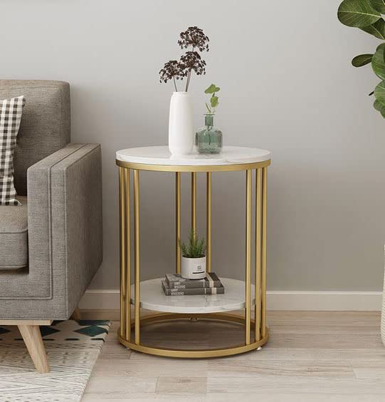 Round Coffee and Side Accent End Table for Living Room with Metal & Engineered Wood Tabletop and Metal Frame Gold Powder Coated-White-Gold