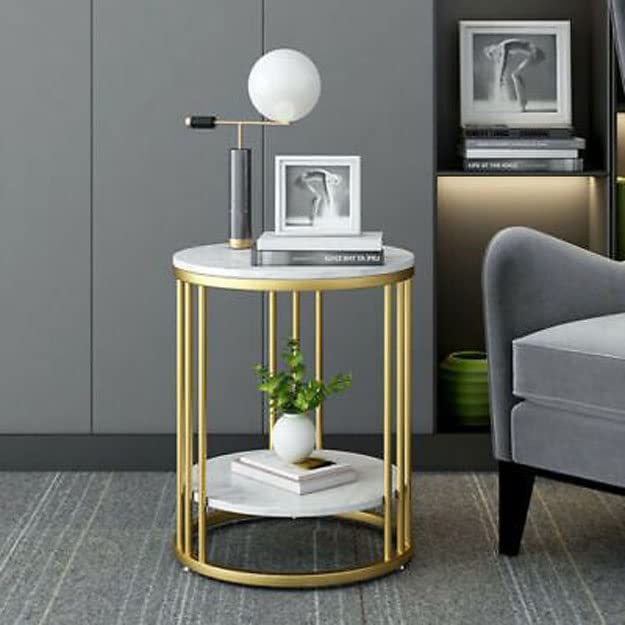 Round Coffee and Side Accent End Table for Living Room with Metal & Engineered Wood Tabletop and Metal Frame Gold Powder Coated-White-Gold