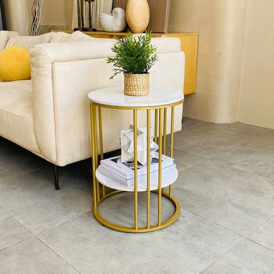 Round Coffee and Side Accent End Table for Living Room with Metal & Engineered Wood Tabletop and Metal Frame Gold Powder Coated-White-Gold