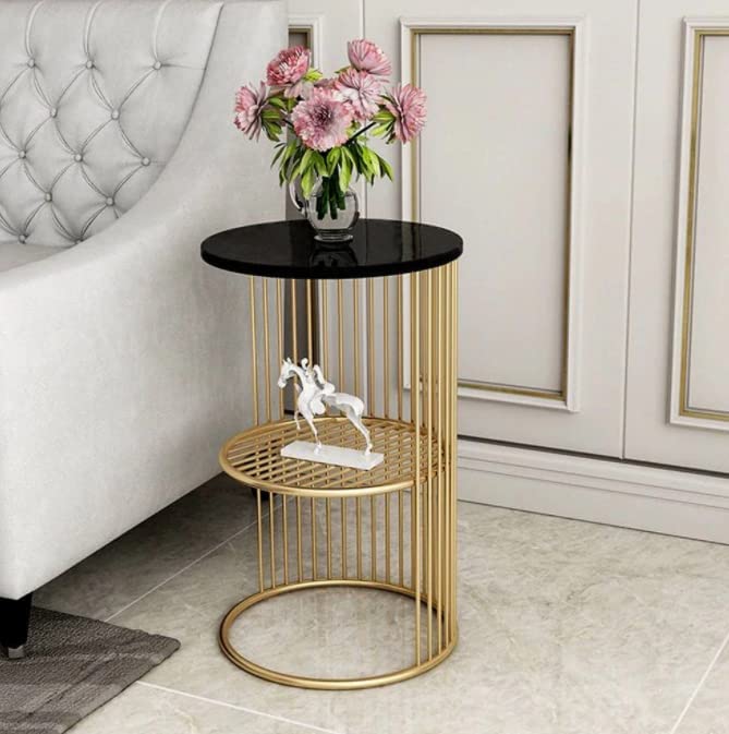 Round Coffee and Side Accent End Table for Living Room with Metal & Engineered Wood Tabletop and Metal Frame Gold Powder Coated-White-Gold