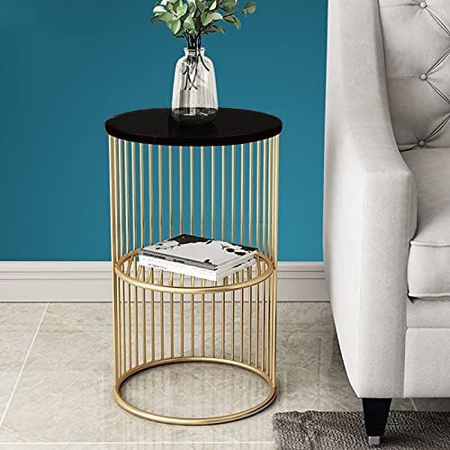 Round Coffee and Side Accent End Table for Living Room with Metal & Engineered Wood Tabletop and Metal Frame Gold Powder Coated-White-Gold