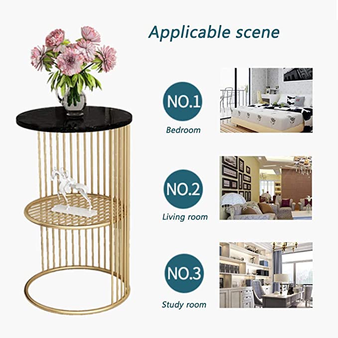 Round Coffee and Side Accent End Table for Living Room with Metal & Engineered Wood Tabletop and Metal Frame Gold Powder Coated-White-Gold