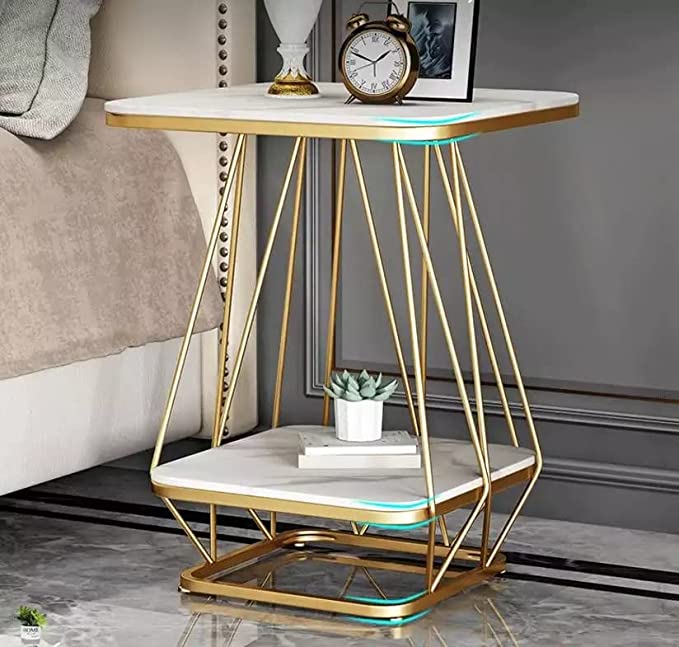 Round Coffee and Side Accent End Table for Living Room with Metal & Engineered Wood Tabletop and Metal Frame Gold Powder Coated-White-Gold