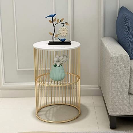 Round Coffee and Side Accent End Table for Living Room with Metal & Engineered Wood Tabletop and Metal Frame Gold Powder Coated-White-Gold