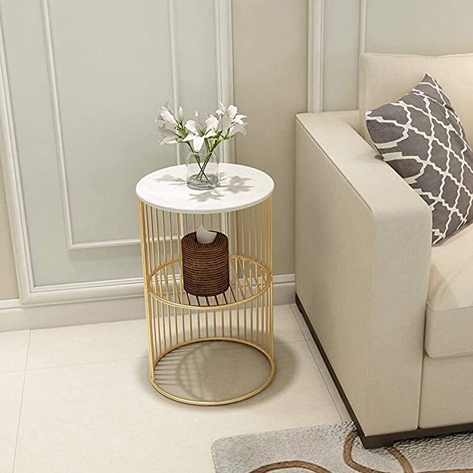 Round Coffee and Side Accent End Table for Living Room with Metal & Engineered Wood Tabletop and Metal Frame Gold Powder Coated-White-Gold