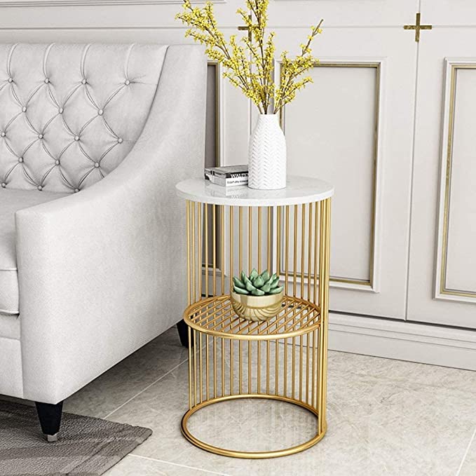 Round Coffee and Side Accent End Table for Living Room with Metal & Engineered Wood Tabletop and Metal Frame Gold Powder Coated-White-Gold