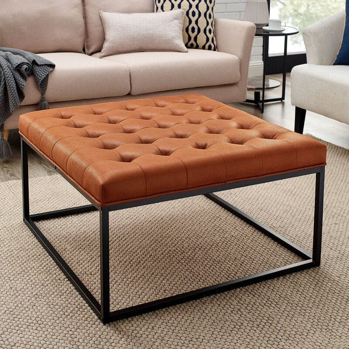 Living Room Coffee Table Wide Leatherette Tufted Square Cocktail Table, Large Bench