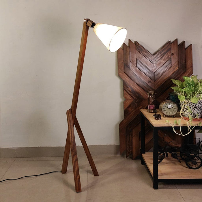 Triune Wooden Floor Lamp with Brown Base and Beige Fabric Lampshade