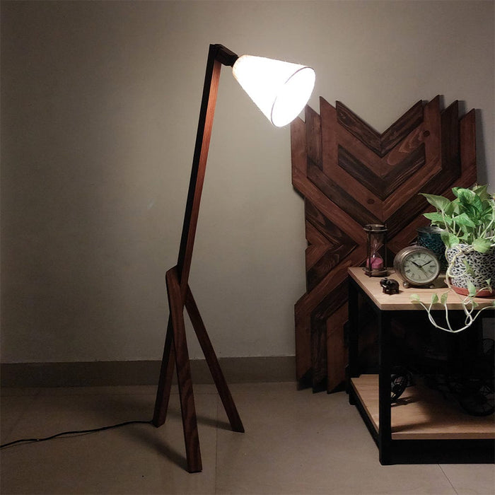 Triune Wooden Floor Lamp with Brown Base and Beige Fabric Lampshade