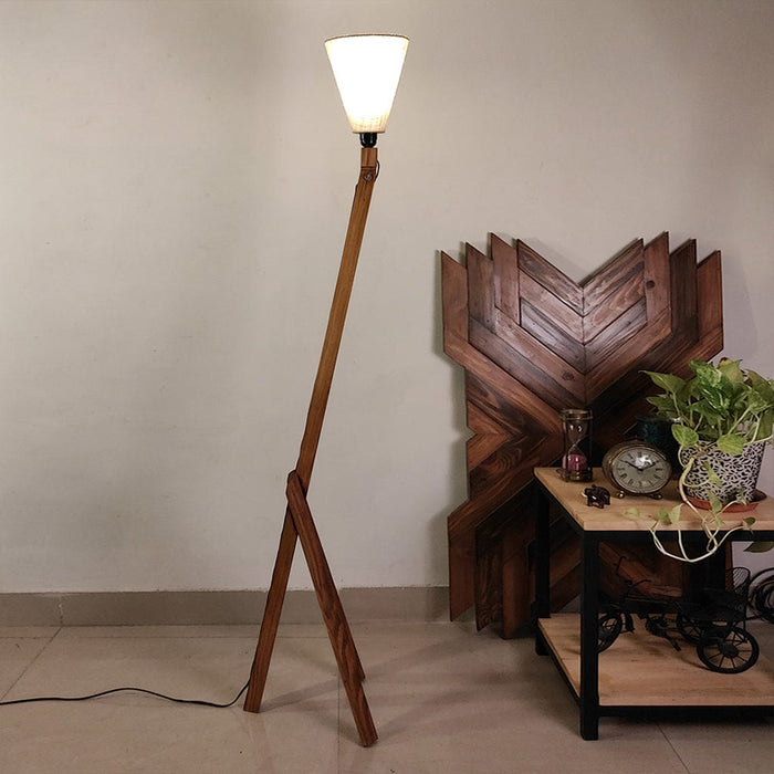 Triune Wooden Floor Lamp with Brown Base and Beige Fabric Lampshade