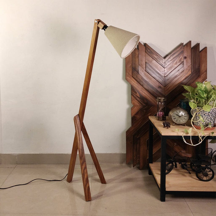 Triune Wooden Floor Lamp with Brown Base and Beige Fabric Lampshade