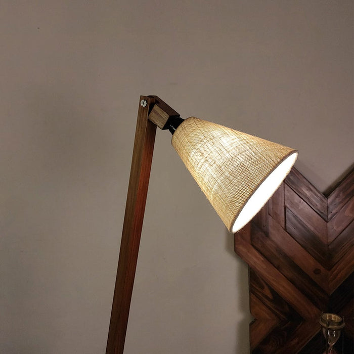 Triune Wooden Floor Lamp with Brown Base and Beige Fabric Lampshade