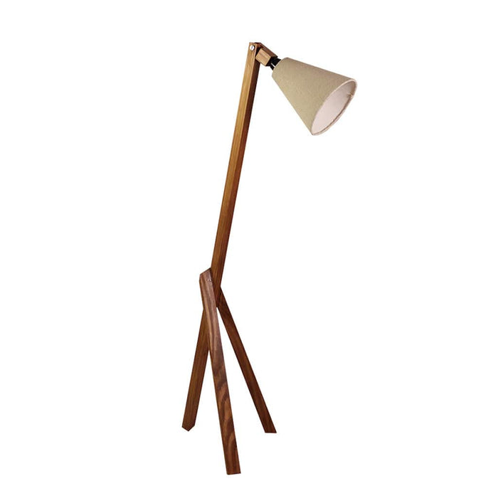 Triune Wooden Floor Lamp with Brown Base and Beige Fabric Lampshade