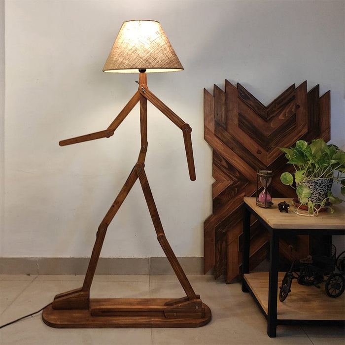 Melman Wooden Floor Lamp with Brown Base and Beige Fabric Lampshade