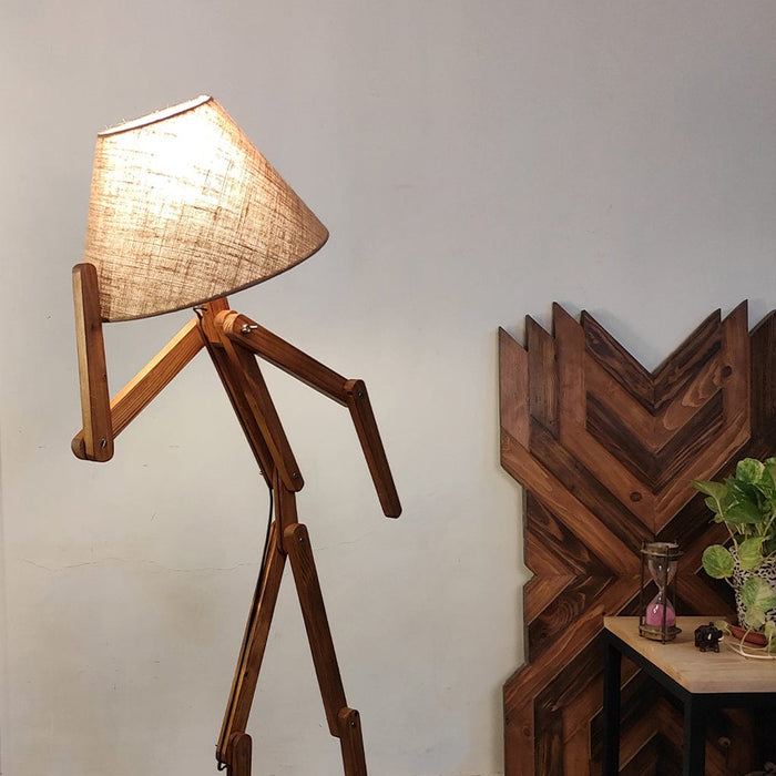 Melman Wooden Floor Lamp with Brown Base and Beige Fabric Lampshade