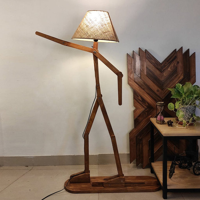 Melman Wooden Floor Lamp with Brown Base and Beige Fabric Lampshade