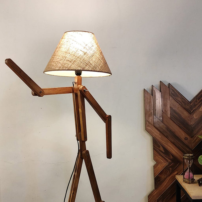 Melman Wooden Floor Lamp with Brown Base and Beige Fabric Lampshade