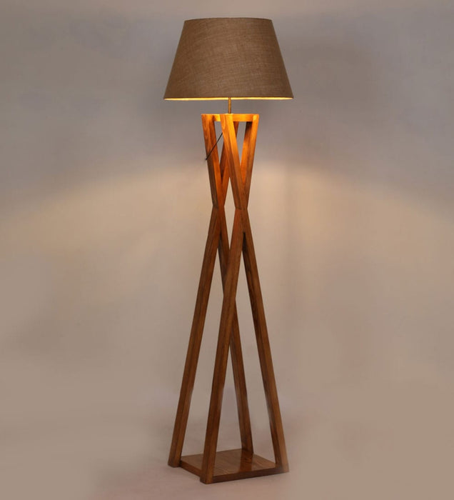 Monica Wooden Floor Lamp with Premium Brwon Fabric Lampshade