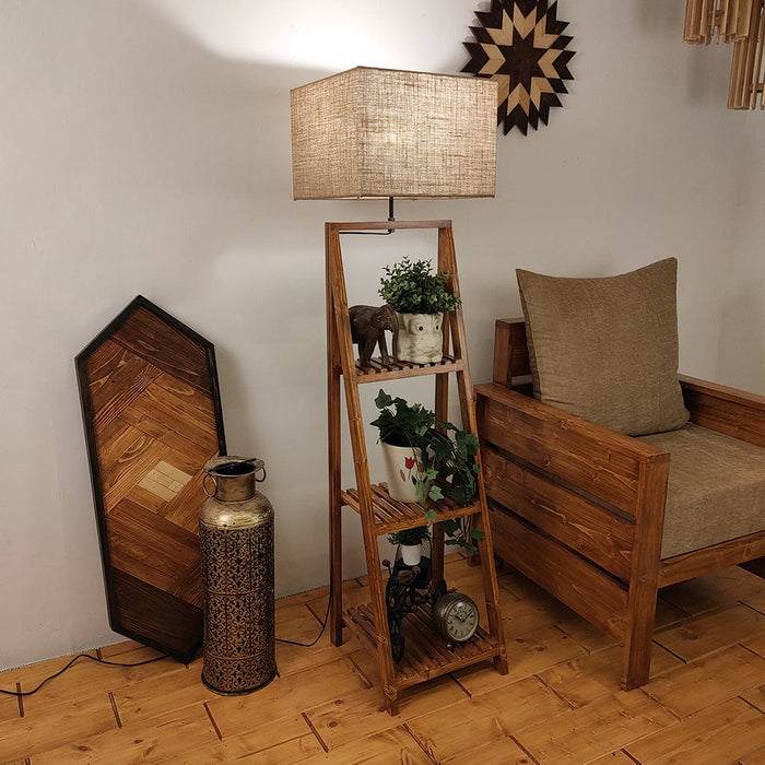 Raphael Wooden Floor Lamp with Brown Base and Jute Fabric Lampshade