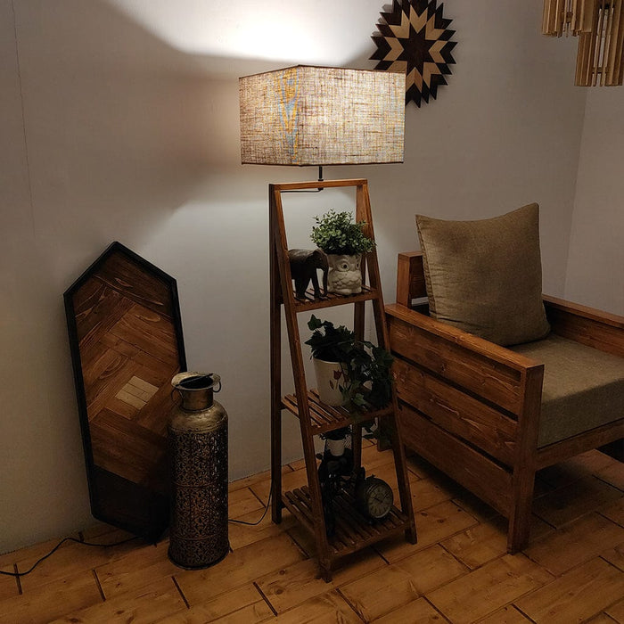 Raphael Wooden Floor Lamp with Brown Base and Jute Fabric Lampshade