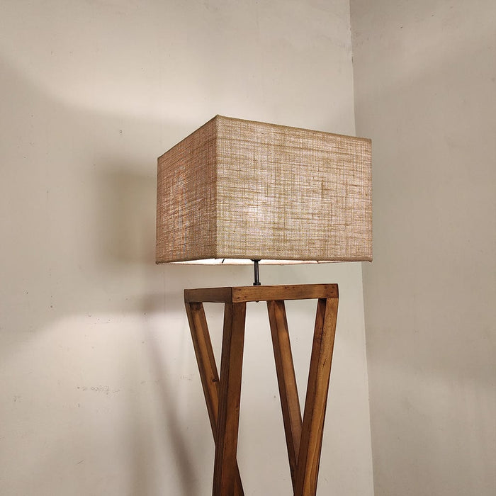 Remy Wooden Floor Lamp with Brown Base and Beige Fabric Lampshade