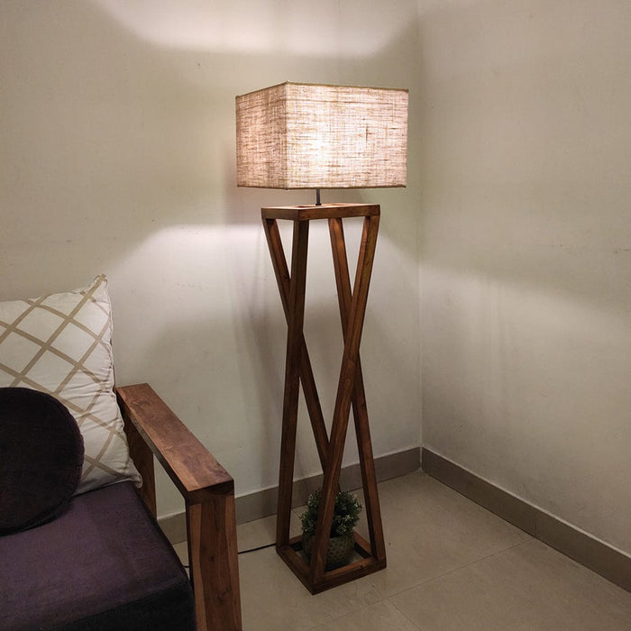 Remy Wooden Floor Lamp with Brown Base and Beige Fabric Lampshade