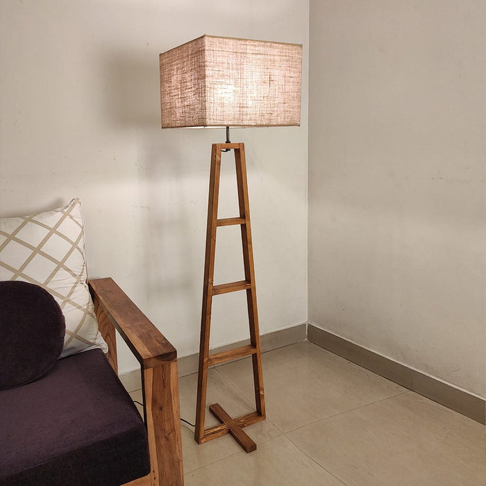 Salita Wooden Floor Lamp with Brown Base and Beige Fabric Lampshade