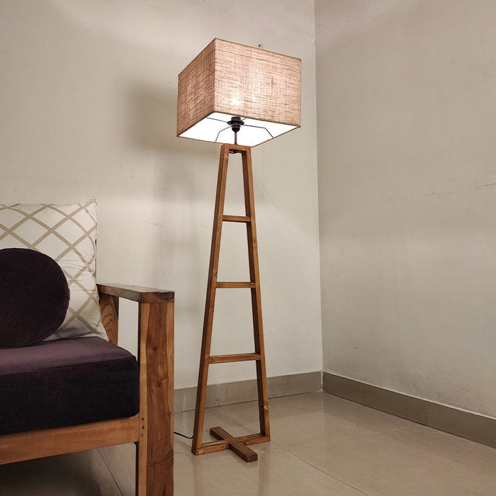 Salita Wooden Floor Lamp with Brown Base and Beige Fabric Lampshade