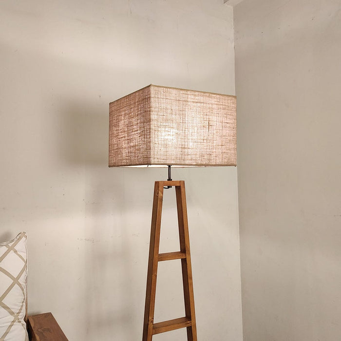 Salita Wooden Floor Lamp with Brown Base and Beige Fabric Lampshade