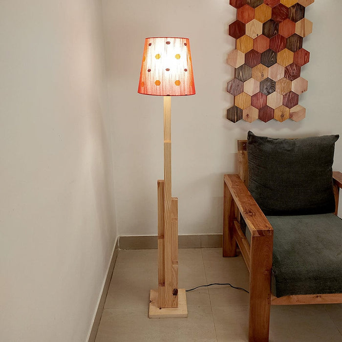 Trigo Wooden Floor Lamp with Beige Base and Red Printed Fabric Lampshade