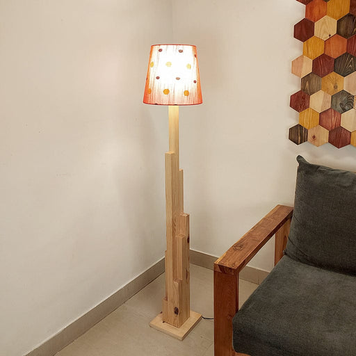 Trigo Wooden Floor Lamp with Beige Base and Red Printed Fabric Lampshade