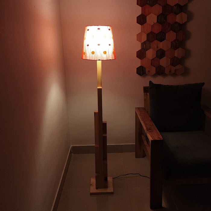 Trigo Wooden Floor Lamp with Beige Base and Red Printed Fabric Lampshade