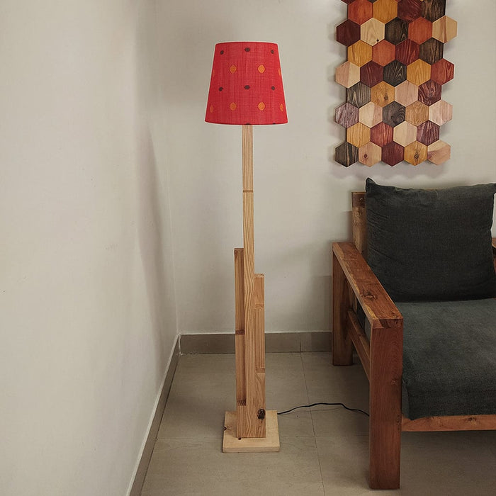 Trigo Wooden Floor Lamp with Beige Base and Red Printed Fabric Lampshade