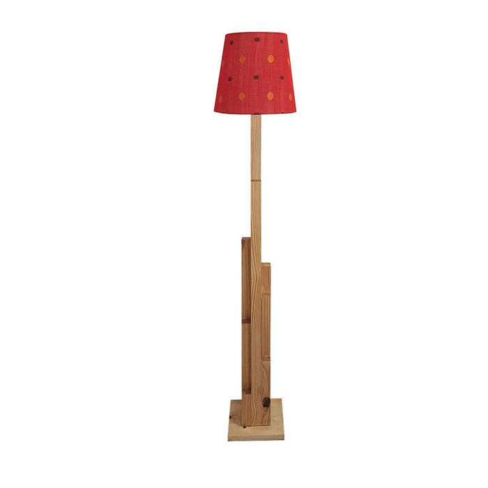 Trigo Wooden Floor Lamp with Beige Base and Red Printed Fabric Lampshade