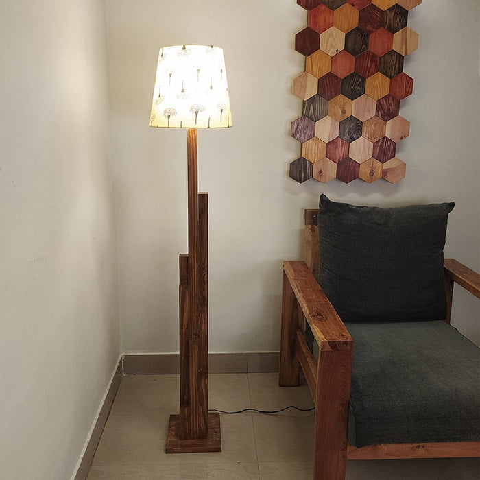 Trigo Wooden Floor Lamp with Brown Base and Yellow Printed Fabric Lampshade