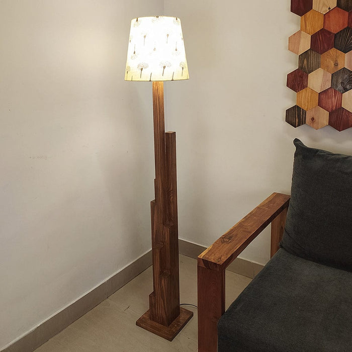 Trigo Wooden Floor Lamp with Brown Base and Yellow Printed Fabric Lampshade