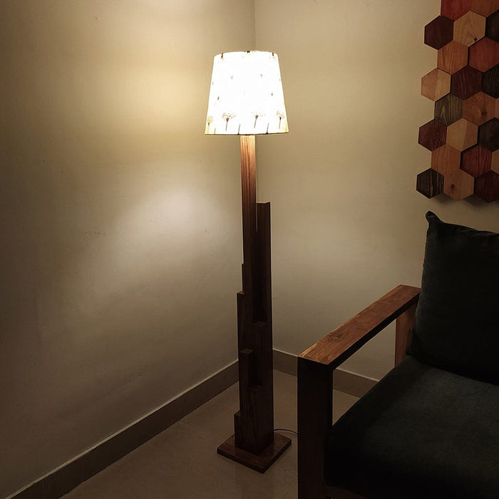 Trigo Wooden Floor Lamp with Brown Base and Yellow Printed Fabric Lampshade