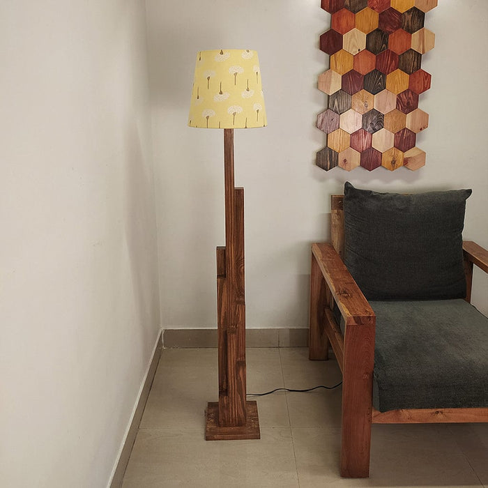 Trigo Wooden Floor Lamp with Brown Base and Yellow Printed Fabric Lampshade