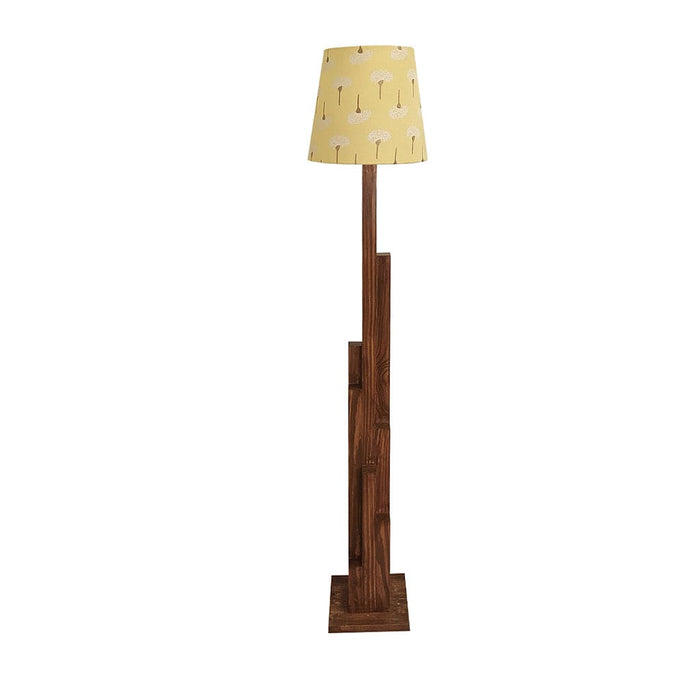 Trigo Wooden Floor Lamp with Brown Base and Yellow Printed Fabric Lampshade