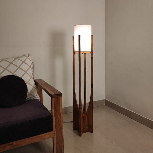 Solitaire Wooden Floor Lamp with Brown Base and White Fabric Lampshade