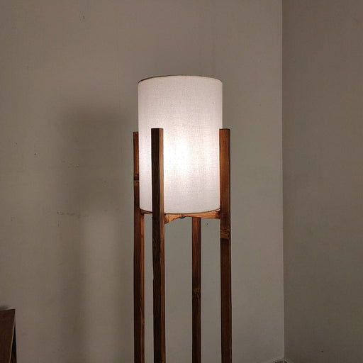 Solitaire Wooden Floor Lamp with Brown Base and White Fabric Lampshade
