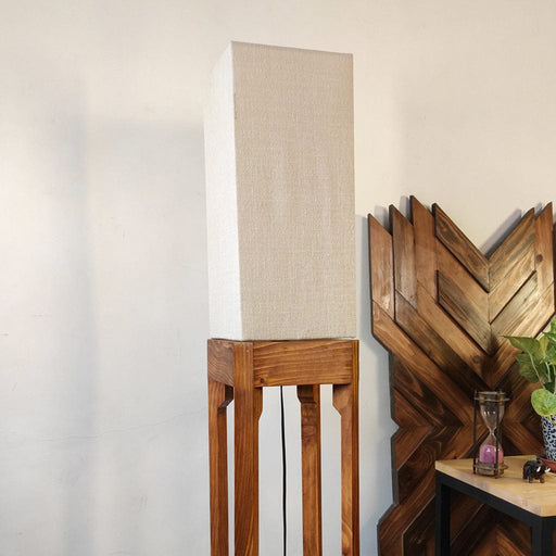 Tesseract Wooden Floor Lamp with Brown Base Beige Fabric Lampshade